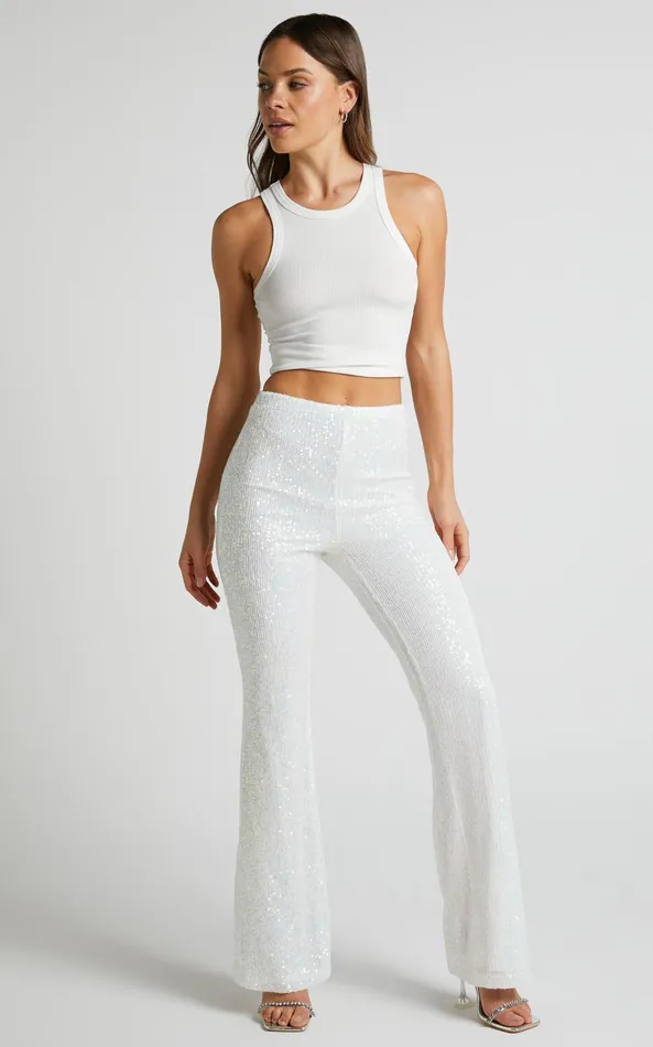 Showpo Deliza Pants 8211 Mid Waisted Sequin Flare Pants In Iridescent White Women Pants