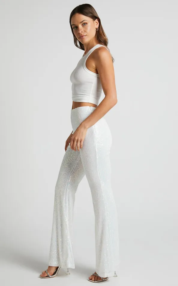 Showpo Deliza Pants 8211 Mid Waisted Sequin Flare Pants In Iridescent White Women Pants