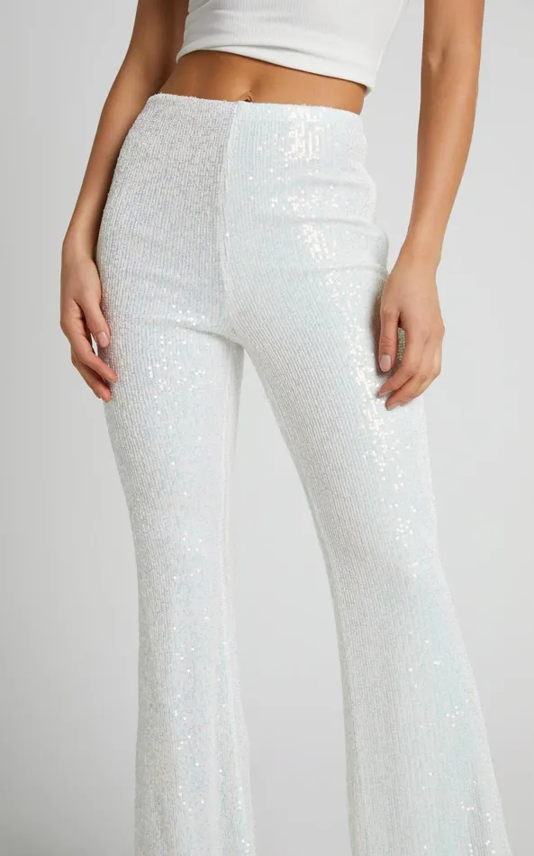 Showpo Deliza Pants 8211 Mid Waisted Sequin Flare Pants In Iridescent White Women Pants