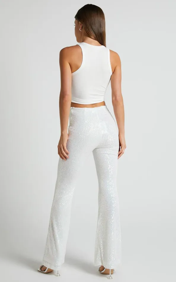 Showpo Deliza Pants 8211 Mid Waisted Sequin Flare Pants In Iridescent White Women Pants