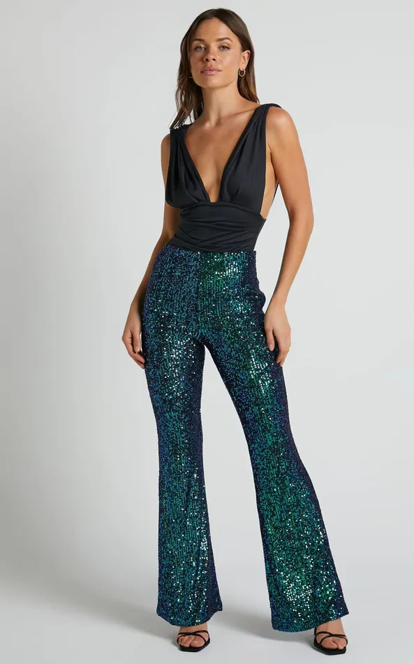 Showpo Deliza Pants 8211 Mid Waisted Sequin Flare Pants In Mermaid Teal Women Pants Showpo Deliza Pants 8211 Mid Waisted Sequin Flare Pants In Mermaid Teal Women Pants