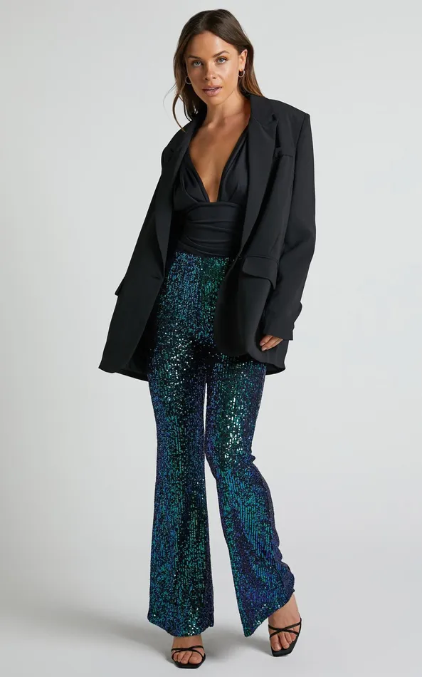 Showpo Deliza Pants 8211 Mid Waisted Sequin Flare Pants In Mermaid Teal Women Pants