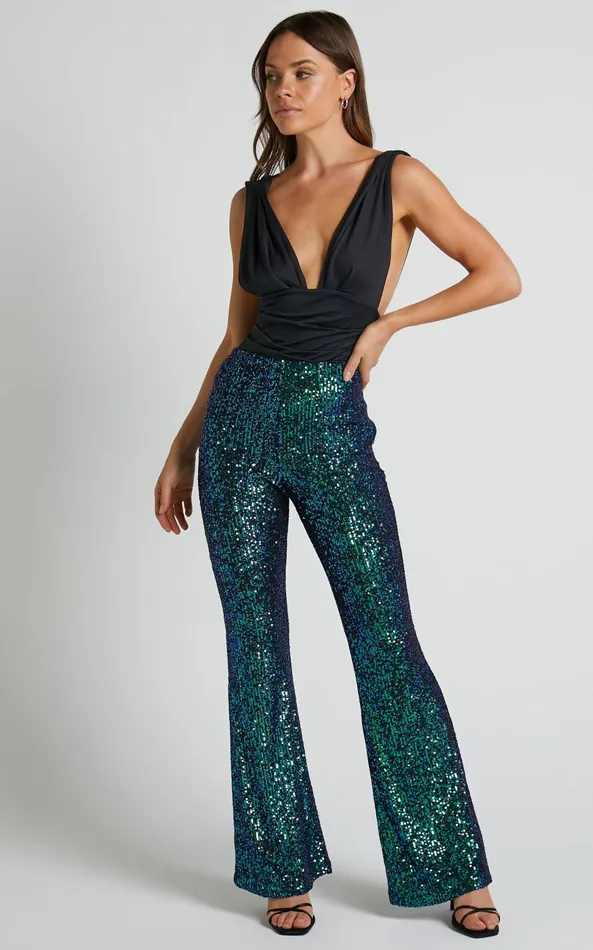 Showpo Deliza Pants 8211 Mid Waisted Sequin Flare Pants In Mermaid Teal Women Pants
