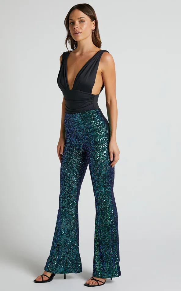 Showpo Deliza Pants 8211 Mid Waisted Sequin Flare Pants In Mermaid Teal Women Pants