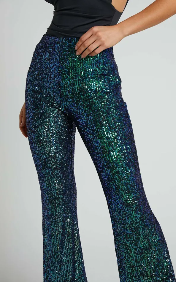 Showpo Deliza Pants 8211 Mid Waisted Sequin Flare Pants In Mermaid Teal Women Pants