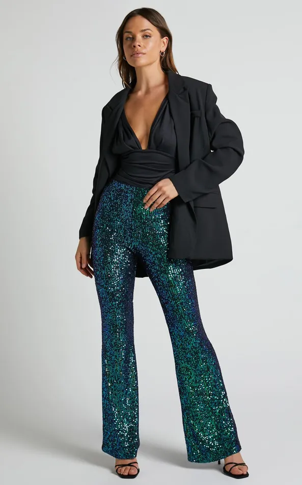 Showpo Deliza Pants 8211 Mid Waisted Sequin Flare Pants In Mermaid Teal Women Pants