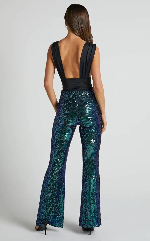 Showpo Deliza Pants 8211 Mid Waisted Sequin Flare Pants In Mermaid Teal Women Pants