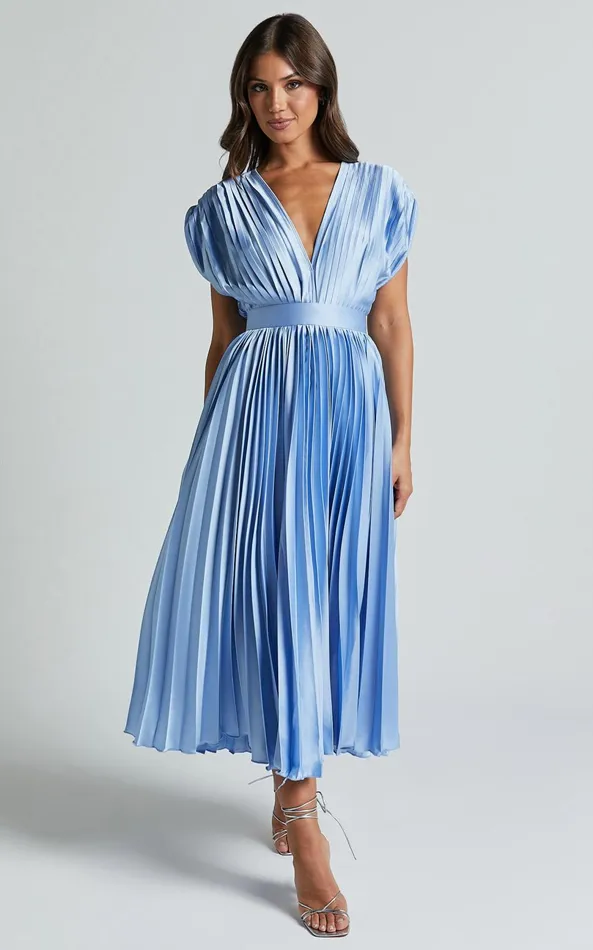 Showpo Della Midi Dress 8211 Plunge Neck Short Sleeve Pleated Dress In Baby Blue Women Dresses