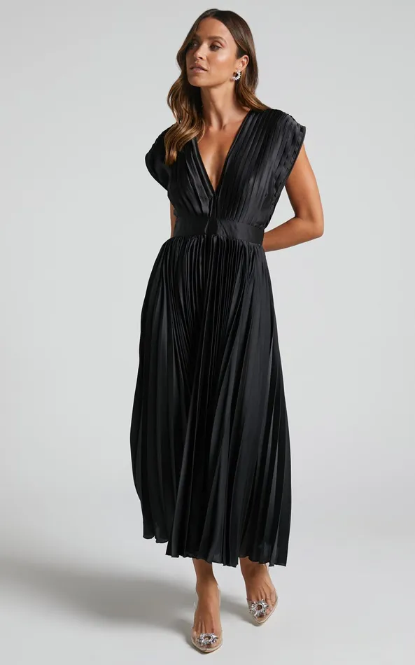 Showpo Della Midi Dress 8211 Plunge Neck Short Sleeve Pleated Dress In Black Women Dresses Showpo Della Midi Dress 8211 Plunge Neck Short Sleeve Pleated Dress In Black Women Dresses