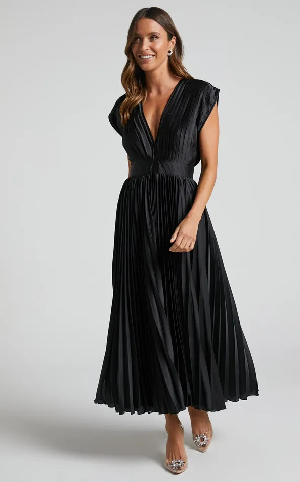 Showpo Della Midi Dress 8211 Plunge Neck Short Sleeve Pleated Dress In Black Women Dresses