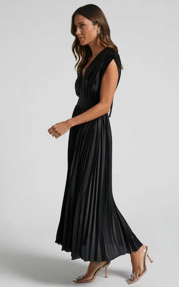 Showpo Della Midi Dress 8211 Plunge Neck Short Sleeve Pleated Dress In Black Women Dresses