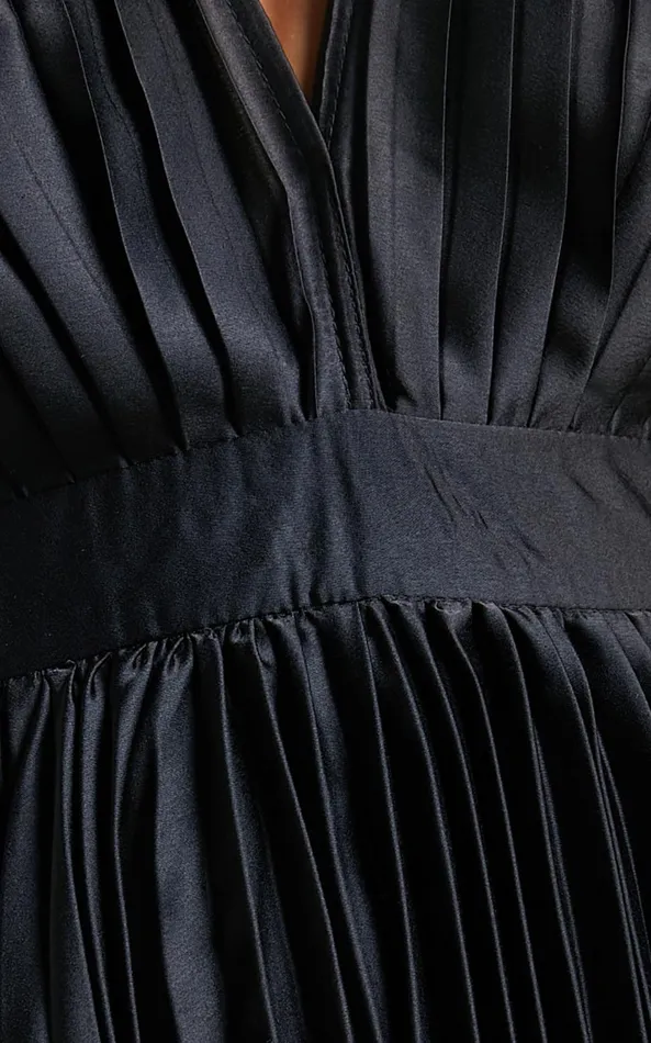 Showpo Della Midi Dress 8211 Plunge Neck Short Sleeve Pleated Dress In Black Women Dresses