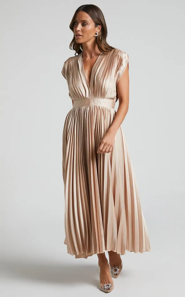 Showpo Della Midi Dress 8211 Plunge Neck Short Sleeve Pleated Dress In Champagne Women Dresses Showpo Della Midi Dress 8211 Plunge Neck Short Sleeve Pleated Dress In Champagne Women Dresses