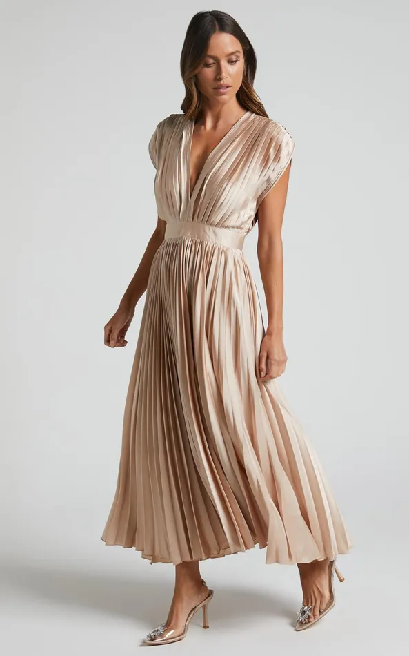 Showpo Della Midi Dress 8211 Plunge Neck Short Sleeve Pleated Dress In Champagne Women Dresses