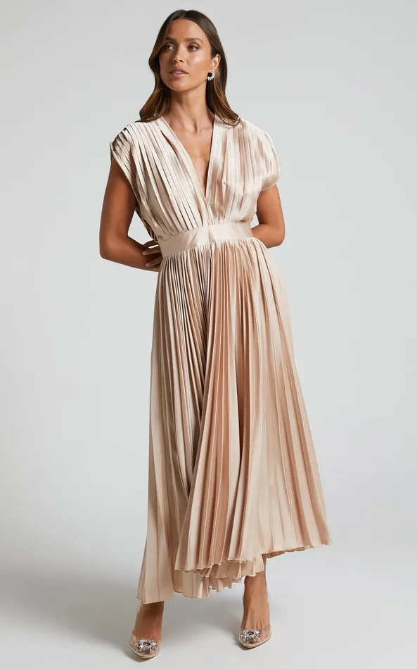 Showpo Della Midi Dress 8211 Plunge Neck Short Sleeve Pleated Dress In Champagne Women Dresses