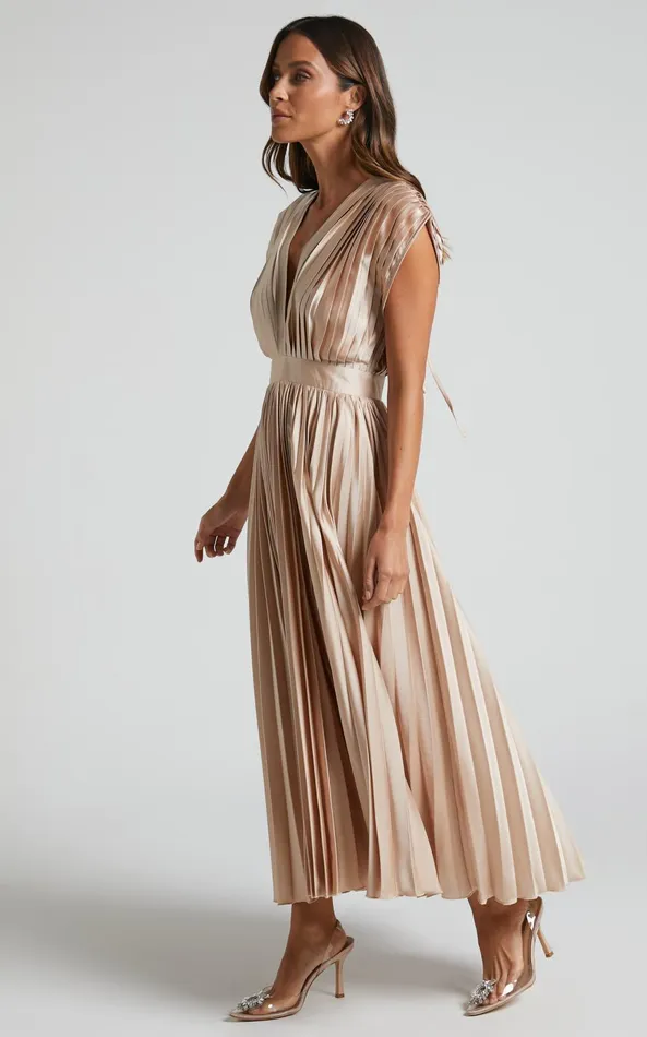 Showpo Della Midi Dress 8211 Plunge Neck Short Sleeve Pleated Dress In Champagne Women Dresses