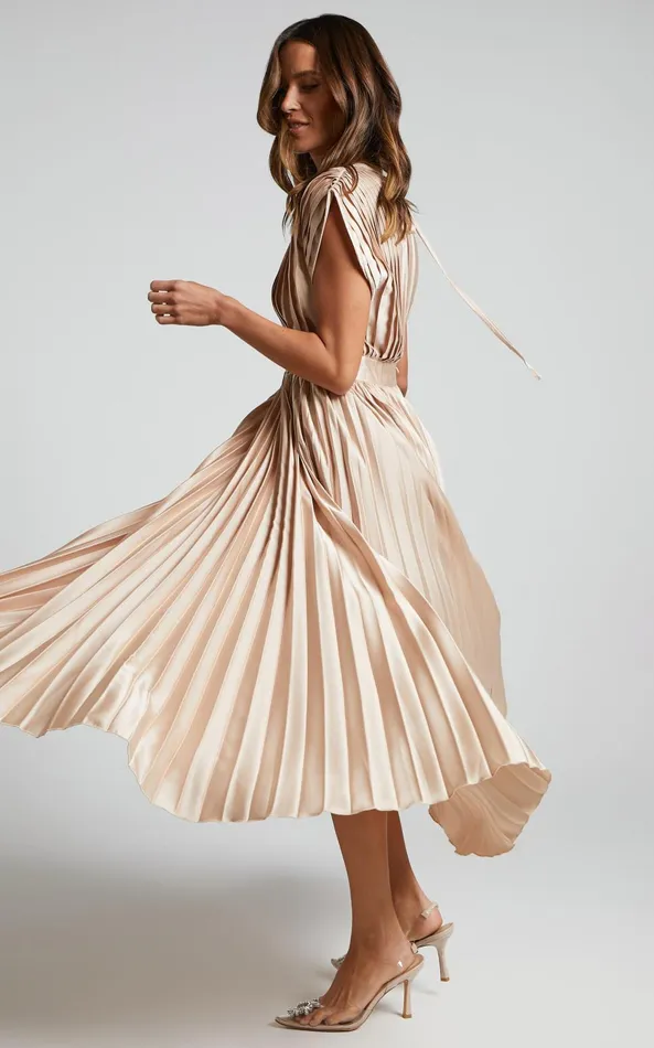Showpo Della Midi Dress 8211 Plunge Neck Short Sleeve Pleated Dress In Champagne Women Dresses