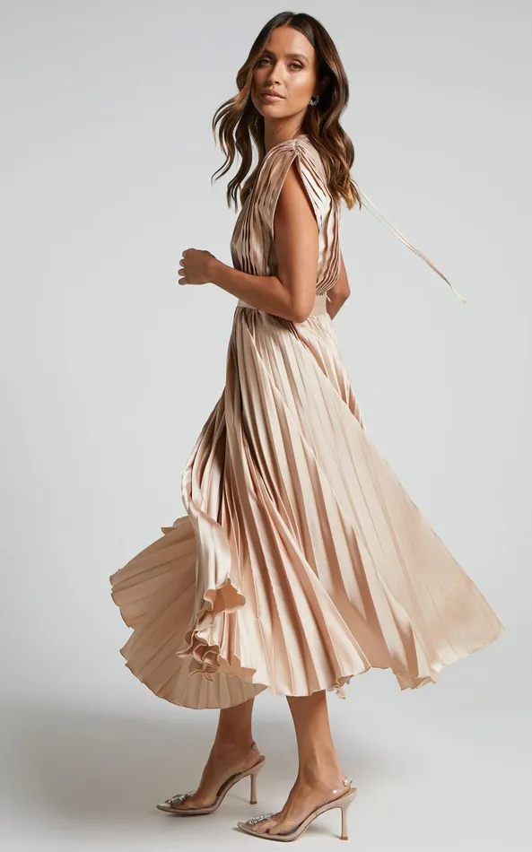 Showpo Della Midi Dress 8211 Plunge Neck Short Sleeve Pleated Dress In Champagne Women Dresses