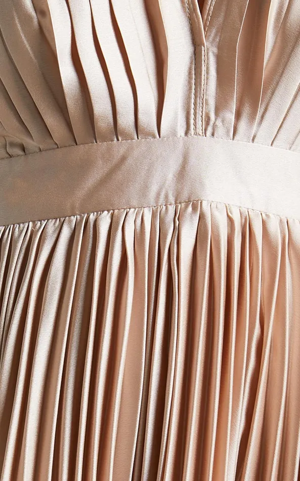 Showpo Della Midi Dress 8211 Plunge Neck Short Sleeve Pleated Dress In Champagne Women Dresses