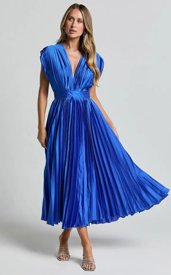 Showpo Della Midi Dress 8211 Plunge Neck Short Sleeve Pleated Dress In Cobalt Women Dresses Showpo Della Midi Dress 8211 Plunge Neck Short Sleeve Pleated Dress In Cobalt Women Dresses