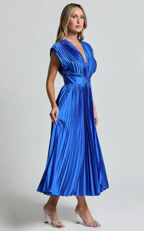 Showpo Della Midi Dress 8211 Plunge Neck Short Sleeve Pleated Dress In Cobalt Women Dresses