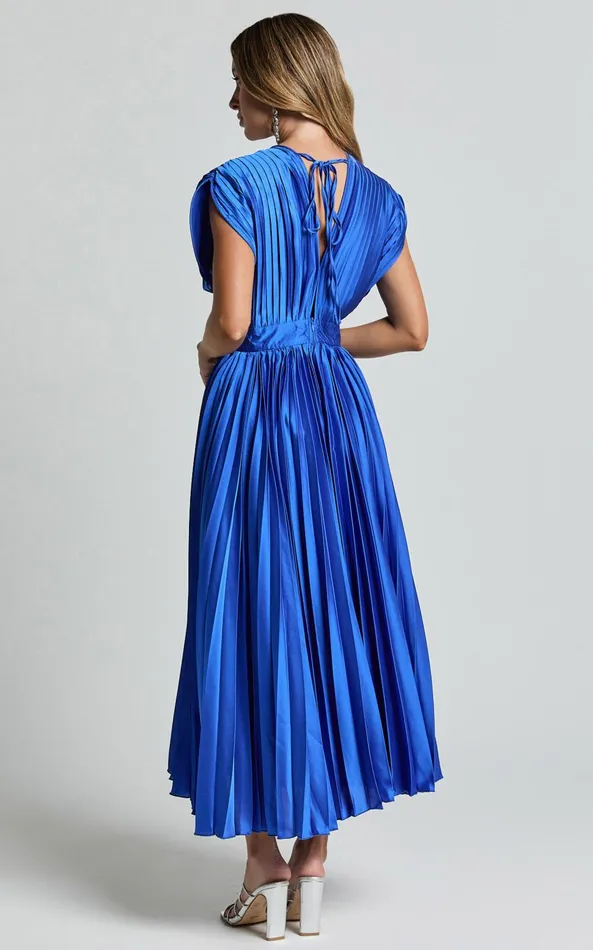 Showpo Della Midi Dress 8211 Plunge Neck Short Sleeve Pleated Dress In Cobalt Women Dresses