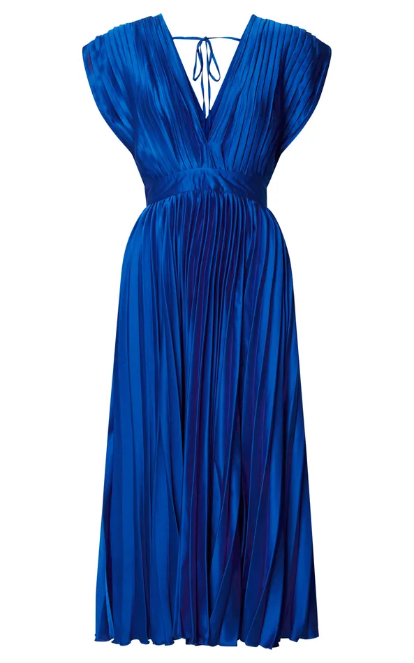 Showpo Della Midi Dress 8211 Plunge Neck Short Sleeve Pleated Dress In Cobalt Women Dresses