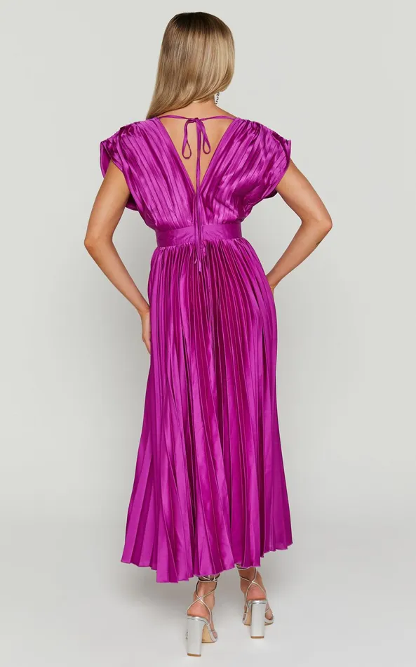 Showpo Della Midi Dress 8211 Plunge Neck Short Sleeve Pleated Dress In Grape Women Dresses