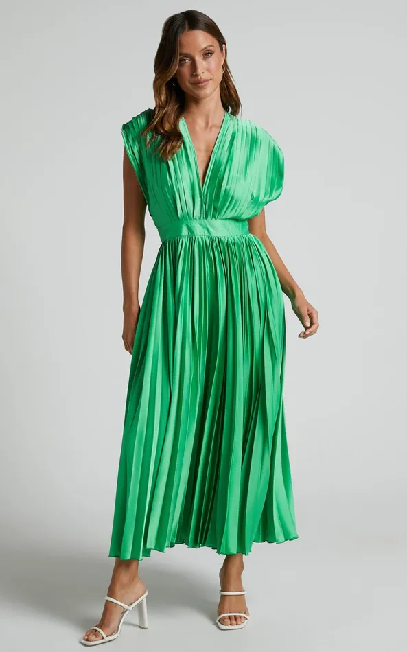 Showpo Della Midi Dress 8211 Plunge Neck Short Sleeve Pleated Dress In Green Women Dresses