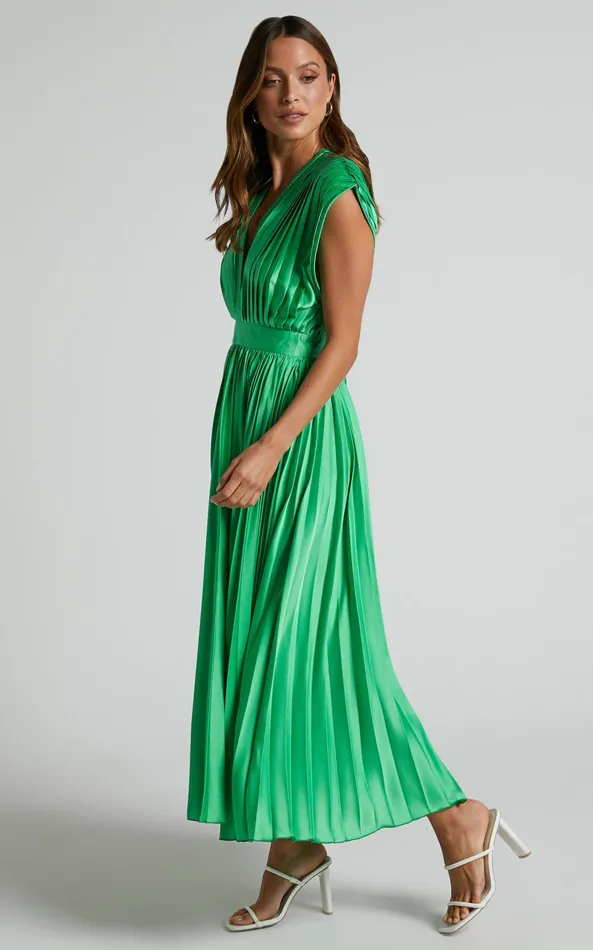 Showpo Della Midi Dress 8211 Plunge Neck Short Sleeve Pleated Dress In Green Women Dresses