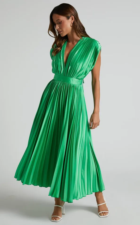 Showpo Della Midi Dress 8211 Plunge Neck Short Sleeve Pleated Dress In Green Women Dresses