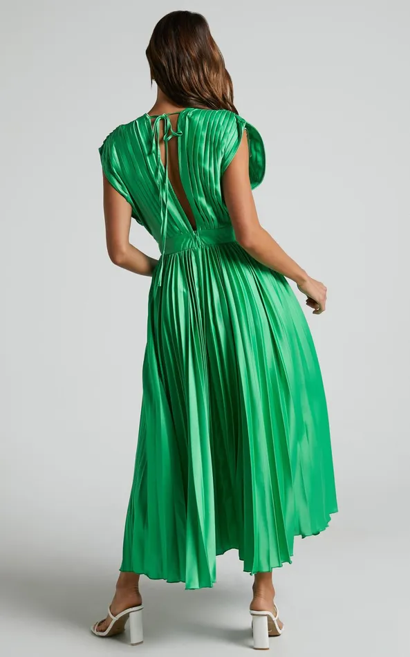 Showpo Della Midi Dress 8211 Plunge Neck Short Sleeve Pleated Dress In Green Women Dresses