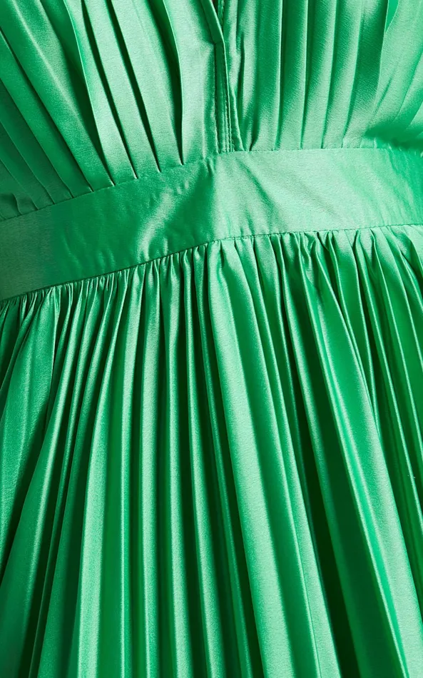 Showpo Della Midi Dress 8211 Plunge Neck Short Sleeve Pleated Dress In Green Women Dresses