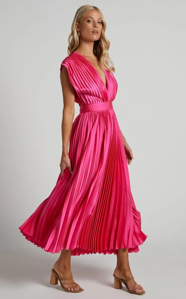 Showpo Della Midi Dress 8211 Plunge Neck Short Sleeve Pleated Dress In Hot Pink Women Dresses Showpo Della Midi Dress 8211 Plunge Neck Short Sleeve Pleated Dress In Hot Pink Women Dresses