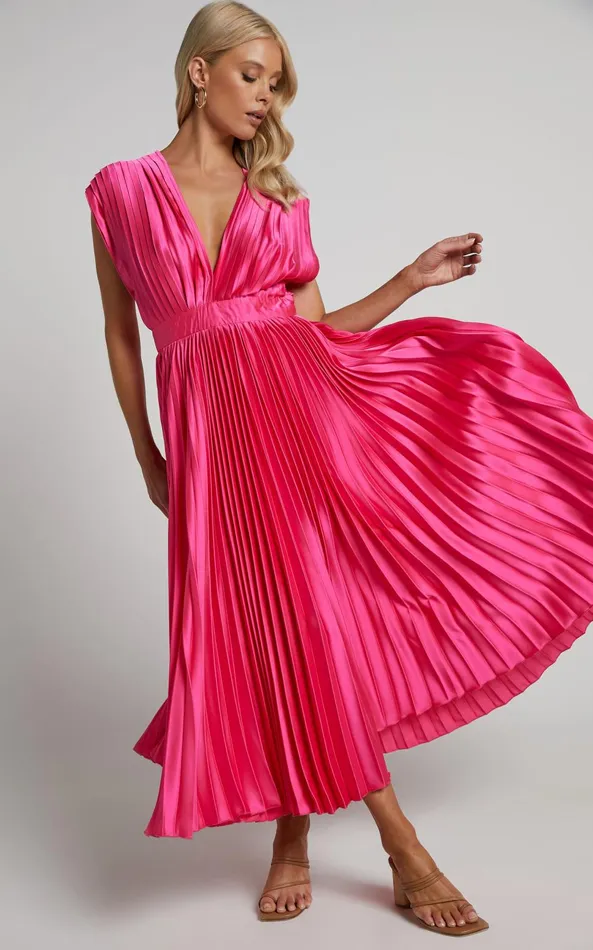 Showpo Della Midi Dress 8211 Plunge Neck Short Sleeve Pleated Dress In Hot Pink Women Dresses Showpo Della Midi Dress 8211 Plunge Neck Short Sleeve Pleated Dress In Hot Pink Women Dresses