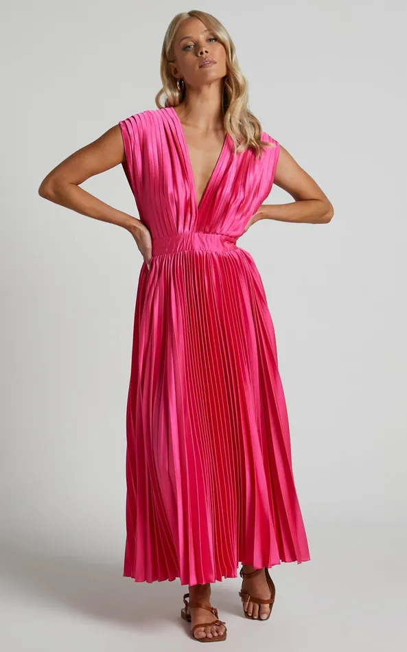 Showpo Della Midi Dress 8211 Plunge Neck Short Sleeve Pleated Dress In Hot Pink Women Dresses Showpo Della Midi Dress 8211 Plunge Neck Short Sleeve Pleated Dress In Hot Pink Women Dresses