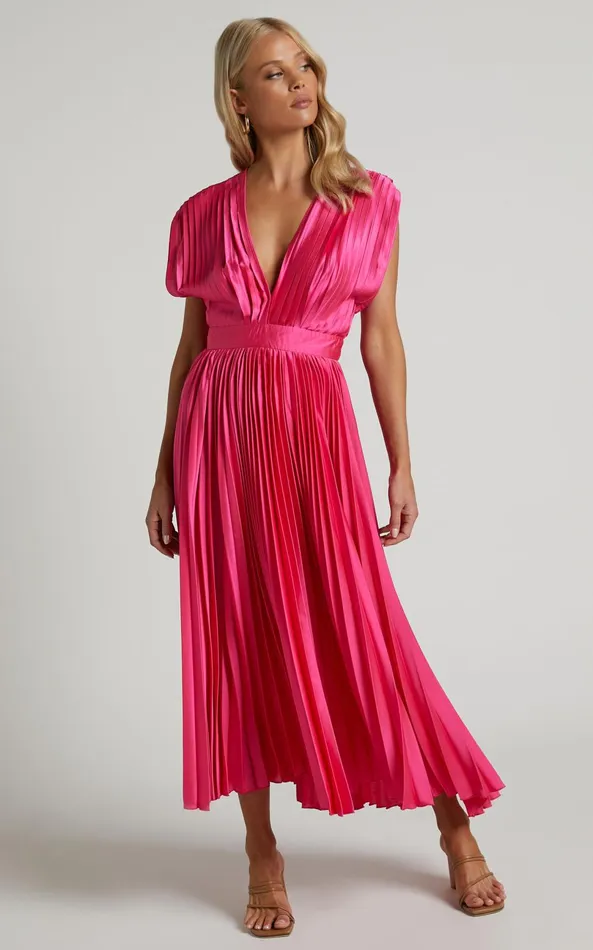 Showpo Della Midi Dress 8211 Plunge Neck Short Sleeve Pleated Dress In Hot Pink Women Dresses Showpo Della Midi Dress 8211 Plunge Neck Short Sleeve Pleated Dress In Hot Pink Women Dresses