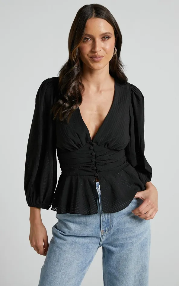 Showpo Dellah Long Sleeve V Neck Top In Black Women Tops