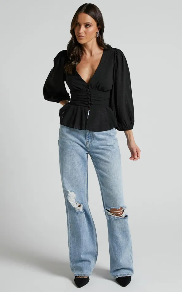 Showpo Dellah Long Sleeve V Neck Top In Black Women Tops