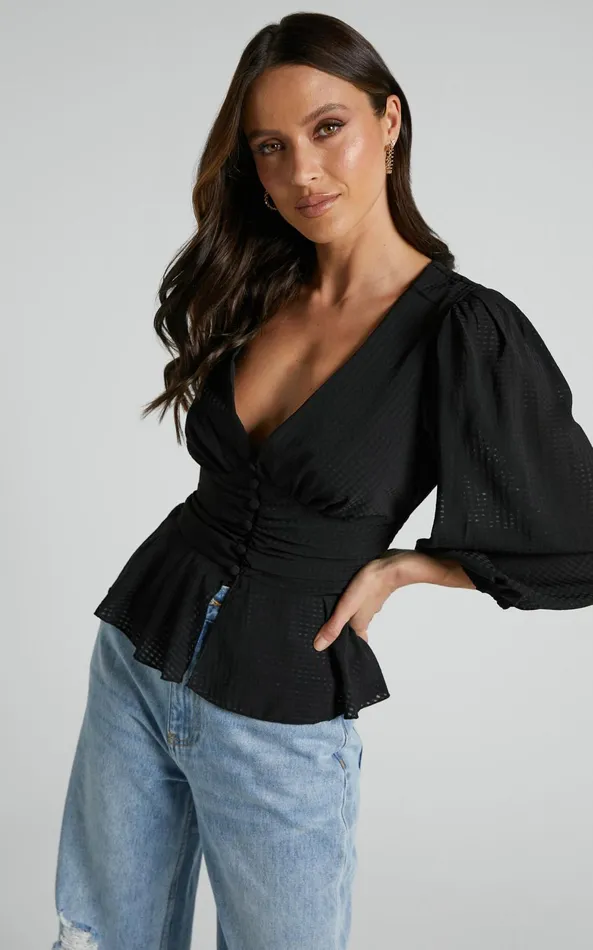 Showpo Dellah Long Sleeve V Neck Top In Black Women Tops