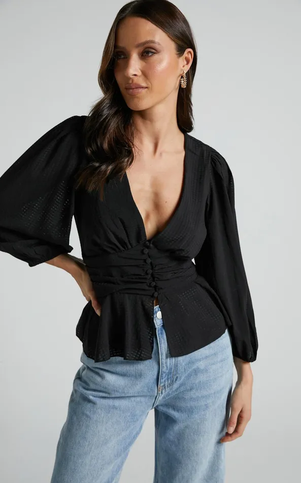 Showpo Dellah Long Sleeve V Neck Top In Black Women Tops