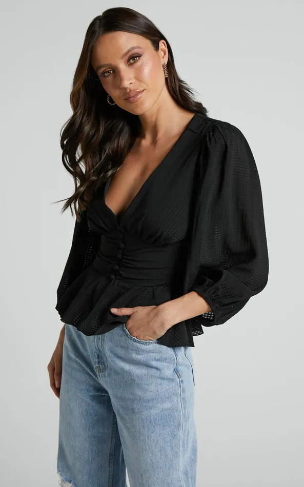 Showpo Dellah Long Sleeve V Neck Top In Black Women Tops