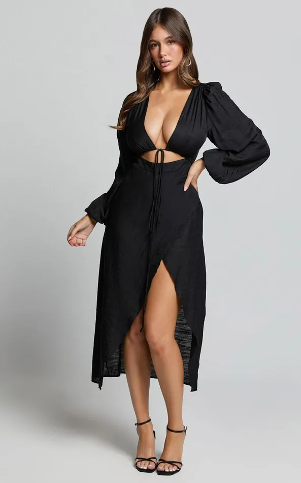 Showpo Demieh Midi Dress 8211 Front Cut Out Long Sleeve Dress In Black Women Curve Clothes Showpo Demieh Midi Dress 8211 Front Cut Out Long Sleeve Dress In Black Women Curve Clothes