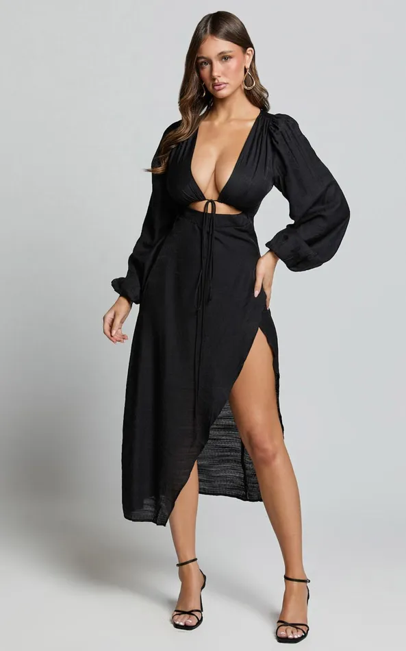 Showpo Demieh Midi Dress 8211 Front Cut Out Long Sleeve Dress In Black Women Curve Clothes