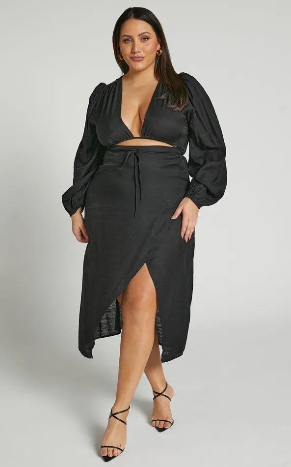 Showpo Demieh Midi Dress 8211 Front Cut Out Long Sleeve Dress In Black Women Curve Clothes
