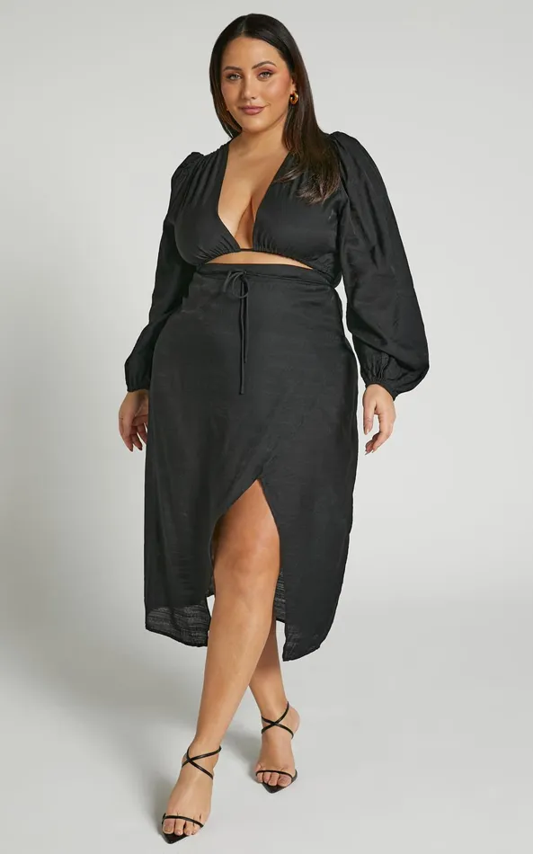 Showpo Demieh Midi Dress 8211 Front Cut Out Long Sleeve Dress In Black Women Curve Clothes