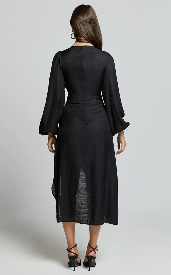 Showpo Demieh Midi Dress 8211 Front Cut Out Long Sleeve Dress In Black Women Curve Clothes