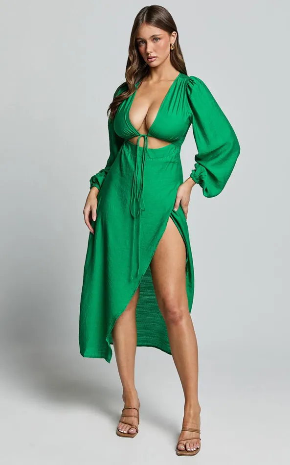 Showpo Demieh Midi Dress 8211 Front Cut Out Long Sleeve Dress In Green Women Curve Clothes Showpo Demieh Midi Dress 8211 Front Cut Out Long Sleeve Dress In Green Women Curve Clothes
