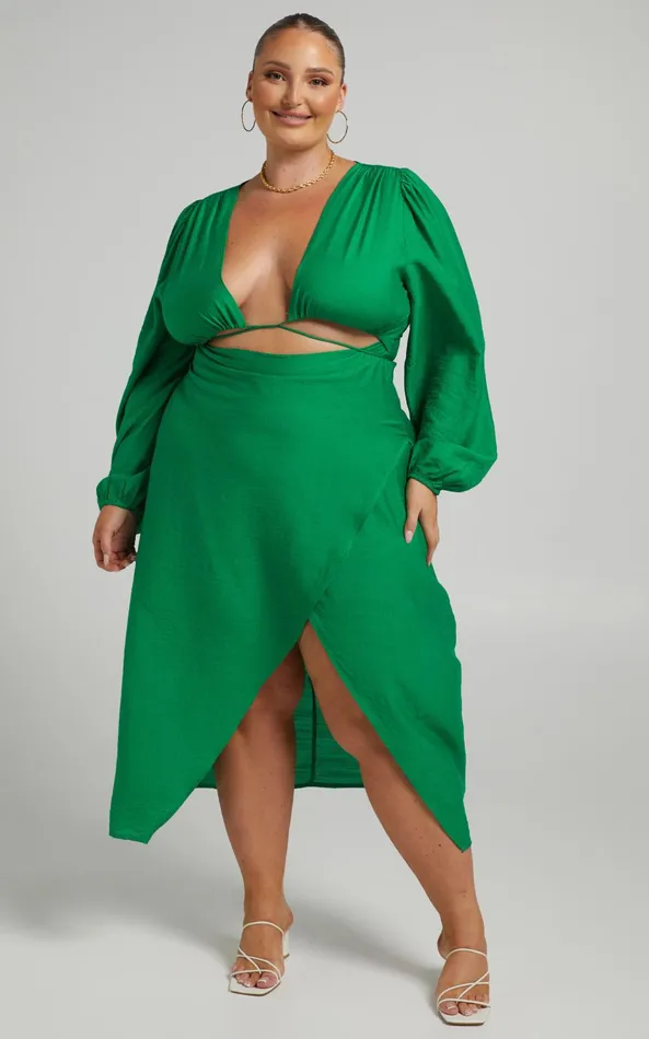 Showpo Demieh Midi Dress 8211 Front Cut Out Long Sleeve Dress In Green Women Curve Clothes
