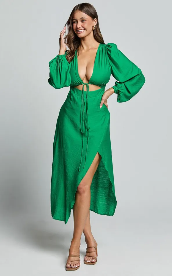 Showpo Demieh Midi Dress 8211 Front Cut Out Long Sleeve Dress In Green Women Curve Clothes